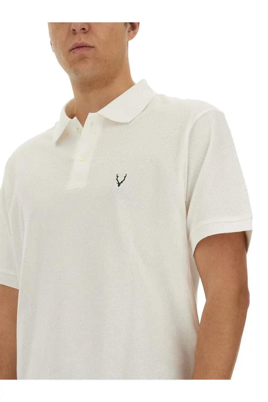 White South2 West8 men’s cotton polo shirt with a small black embroidered deer logo on the left chest