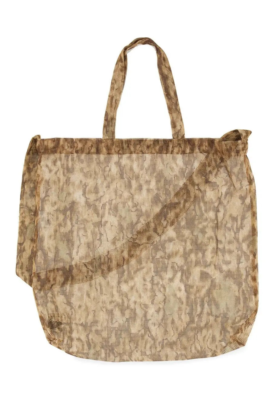South2 West8 men’s grocery bag in beige and brown leopard-print mesh with sturdy handles for everyday use