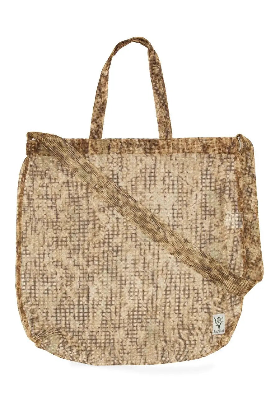 South2 West8 men’s grocery bag multicolor beige and brown snakeskin-patterned mesh tote bag with drawstring closure