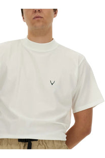 South2 West8 men’s white crew-neck cotton t-shirt with small black embroidered deer head logo on left chest