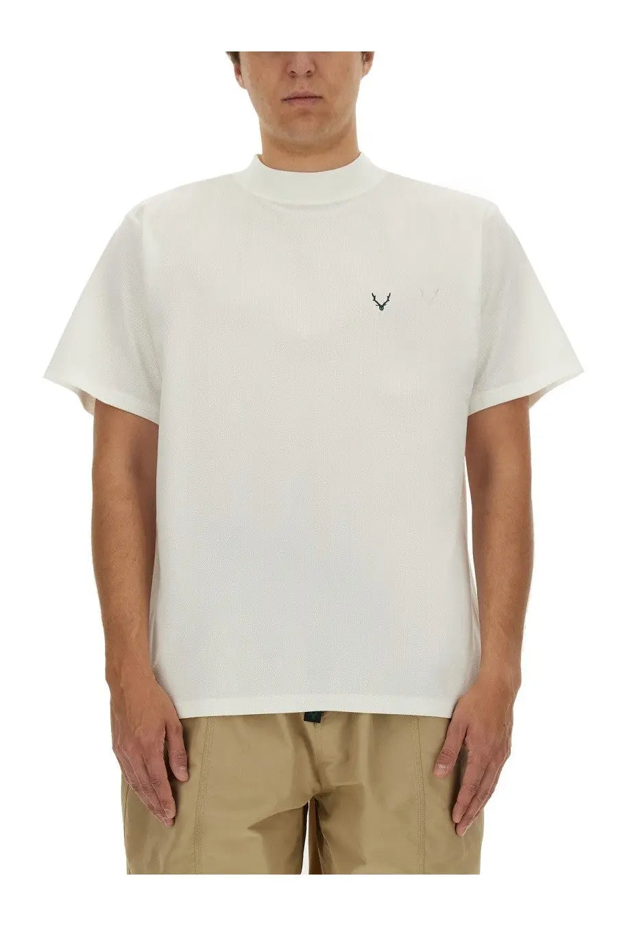 South2 West8 men’s white short-sleeved cotton t-shirt with subtle black embroidered logo on the chest