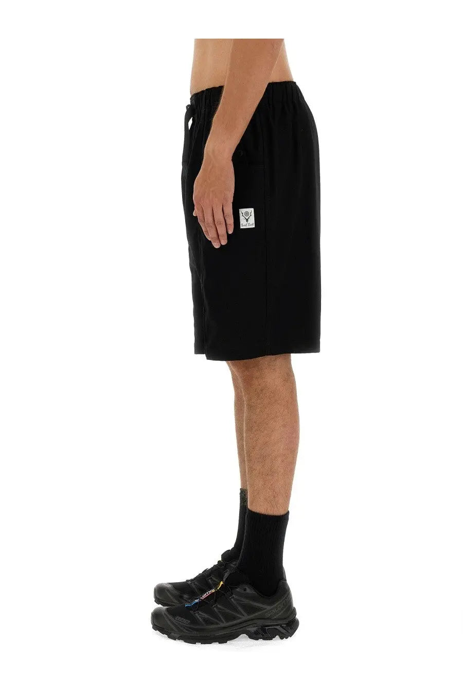 South2 West8 men’s black twill bermuda shorts with drawstring waist and small white logo patch on the side