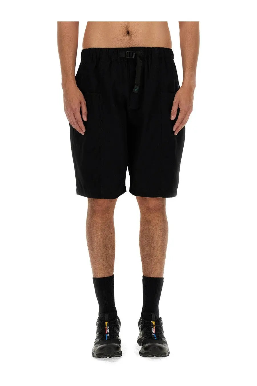 South2 West8 men’s twill Bermuda shorts in black with a drawstring waistband and subtle pleats for a relaxed fit