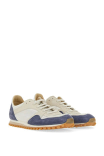 Spalwart men’s marathon trail low sneaker in cream and navy suede with a gum rubber sole