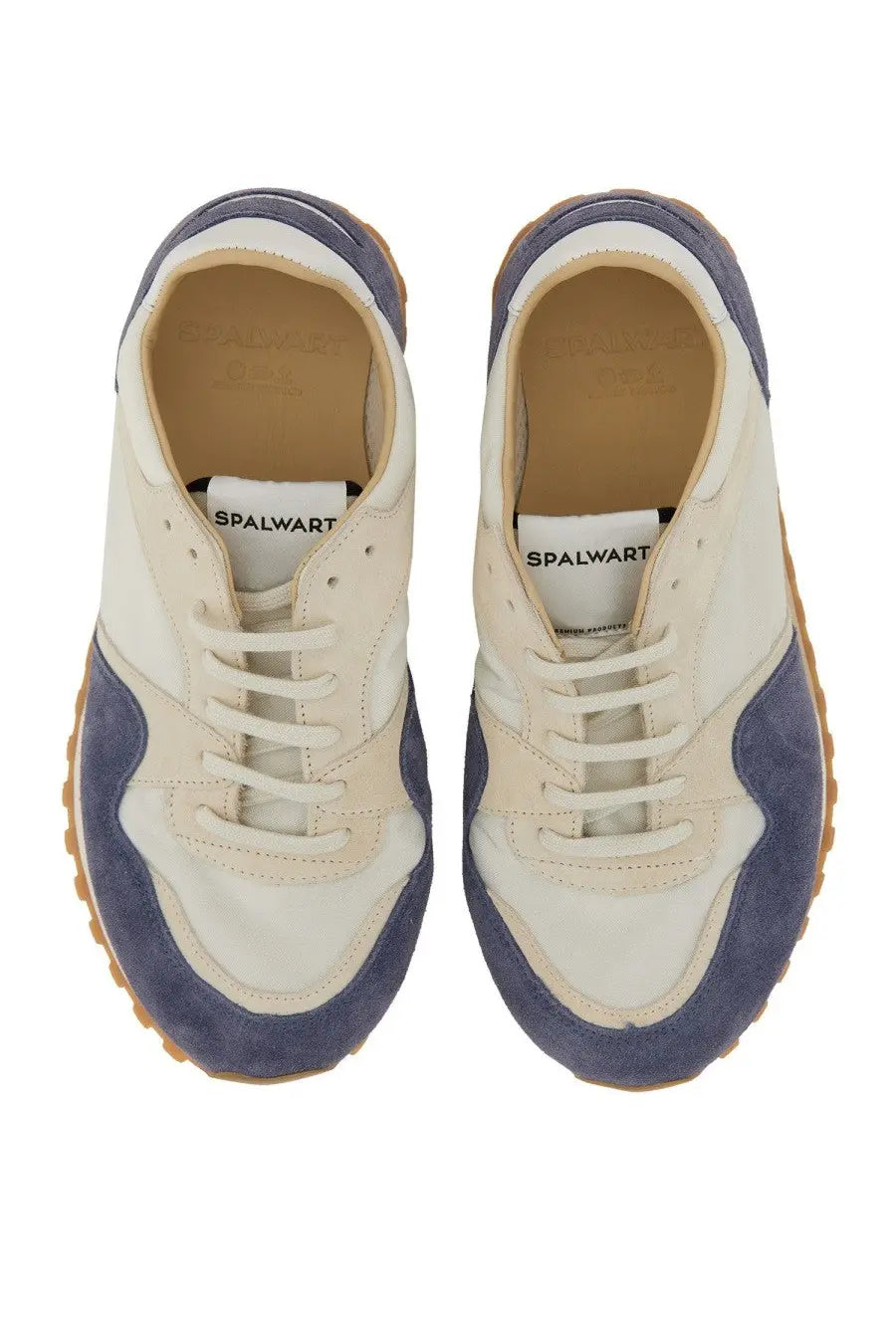 Spalwart men’s marathon trail low sneaker in cream and navy blue suede and canvas with tan rubber sole