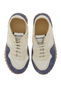 Spalwart men’s marathon trail low sneaker in cream and navy blue suede and canvas with tan rubber sole