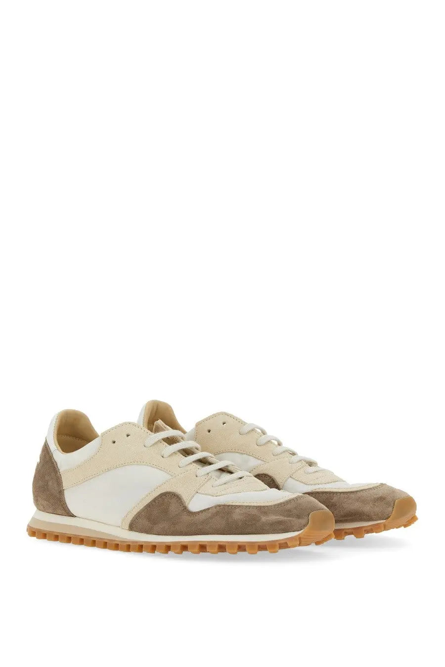 Beige and tan suede and leather low-top Spalwart men’s Marathon Trail sneaker with gum rubber sole in white
