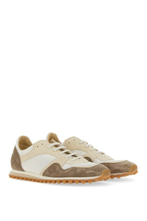 Beige and tan suede and leather low-top Spalwart men’s Marathon Trail sneaker with gum rubber sole in white