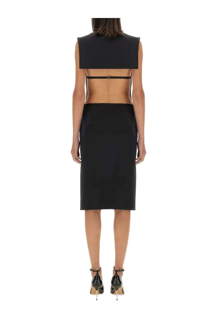 Sportmax women’s alete dress black sleeveless with a structured high-neck bodice and fitted pencil skirt