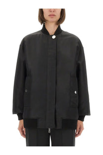 Sportmax women’s bomber agape black jacket with high collar silver button neck closure and snap pockets