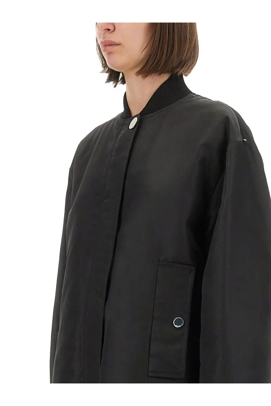 Sportmax women’s bomber agape black jacket with matte finish, subtle sheen, and white buttons on collar and pockets