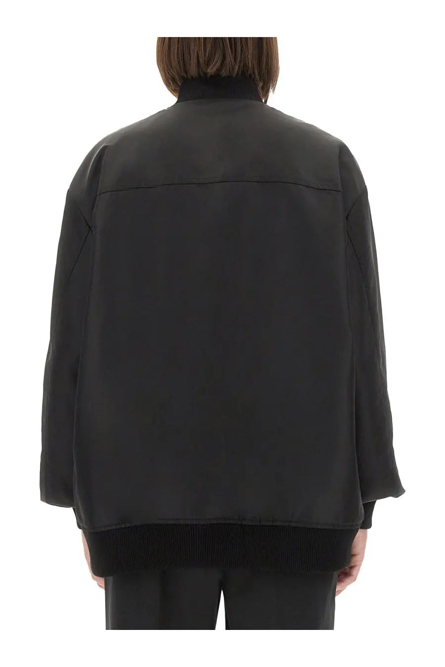 Sportmax women’s bomber agape black satin jacket with ribbed cuffs and hem for a sleek sporty look