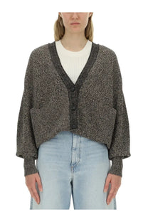 Sportmax women’s cardigan pool maxi grey textured heathered gray knit v-neck with black buttons