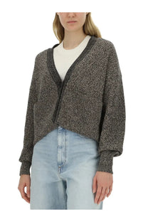Sportmax women’s cardigan pool maxi grey textured heathered knit with v-neck and long sleeves