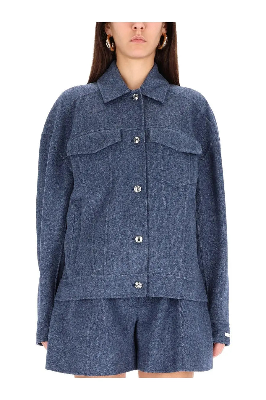 Sportmax women’s celso blue denim jacket with silver buttons and two front pockets