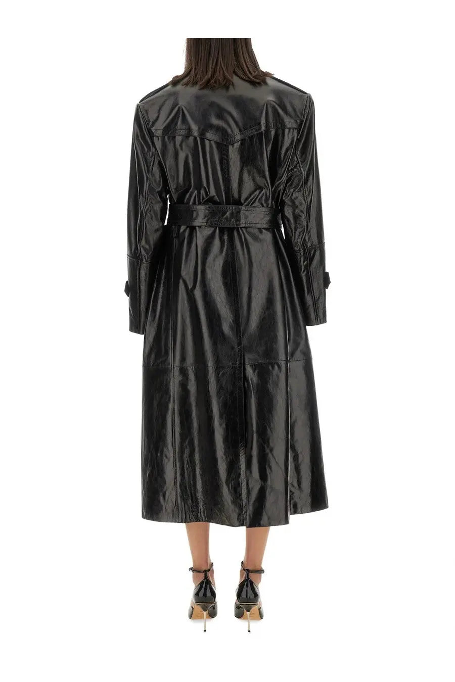 Sportmax women’s black patent leather trench coat with belted waist and structured shoulders