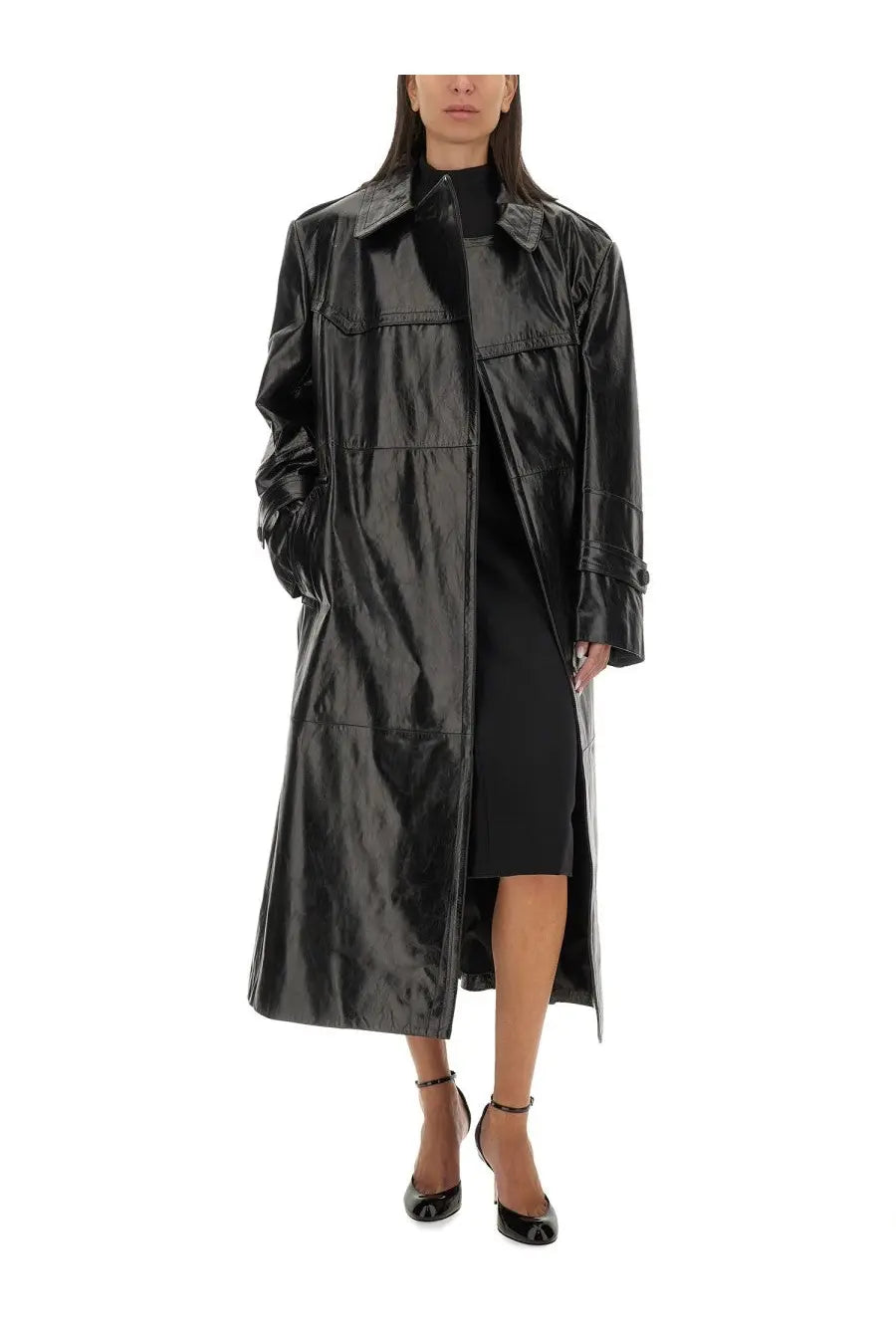 Sportmax women’s alfeo coat black patent leather trench coat with glossy finish and structured design