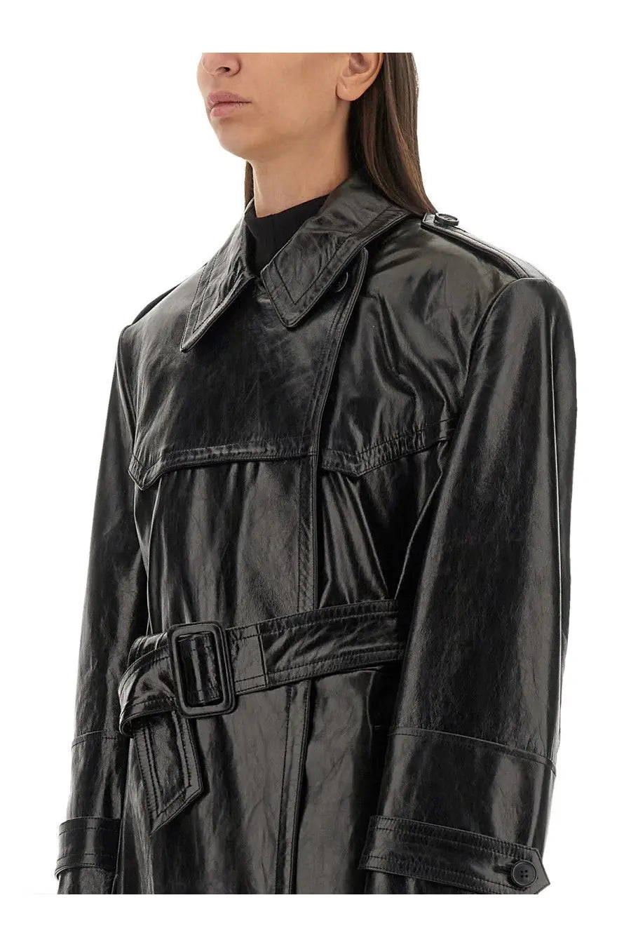 Sportmax women’s coat Alfeo black patent leather trench coat with structured collar, belted waist, and flap pockets