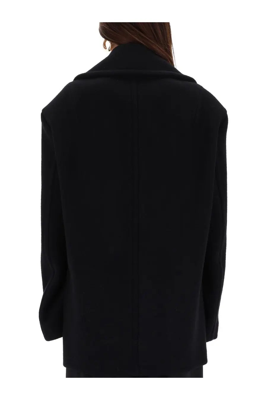 Sportmax women’s black wool double breasted coat shown from the back with structured collar and straight back seam