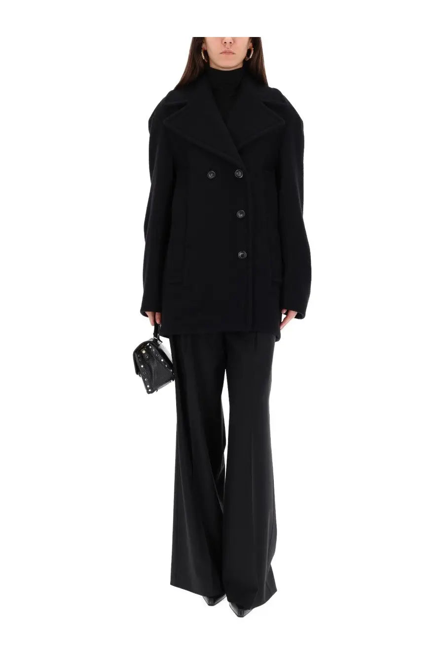 Sportmax women’s black double breasted wool coat with wide collar and structured shoulders for stylish warmth