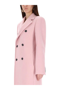 Sportmax women’s soft pink double-breasted wool coat with black buttons for stylish cold weather layering