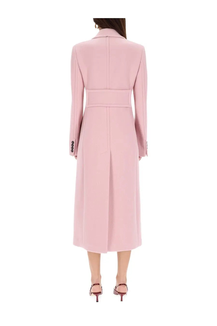Sportmax women’s tailored soft pink coat with belted waist and long sleeves in a double breasted style