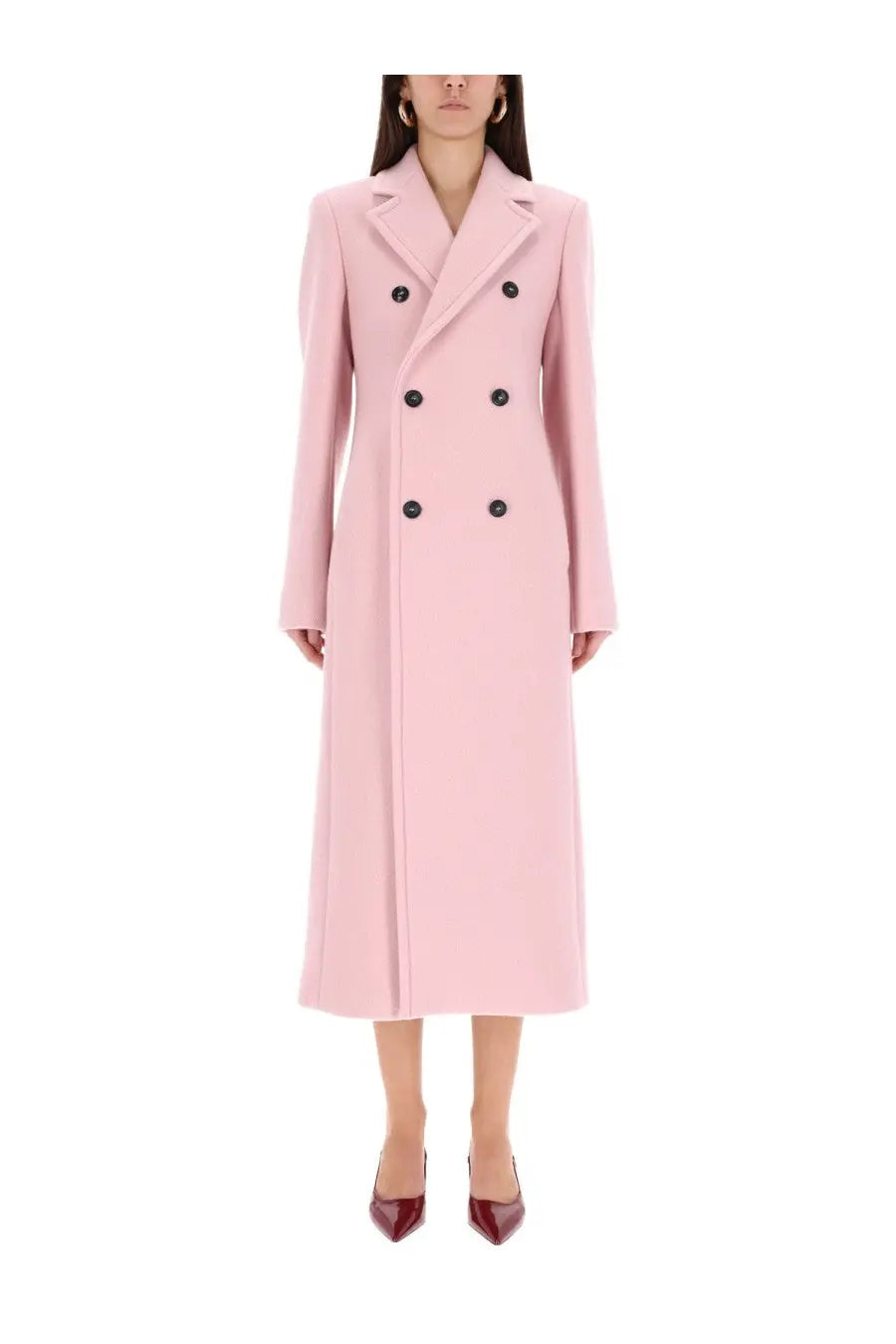 Sportmax women’s double breasted coat soft pink wool with black buttons front view
