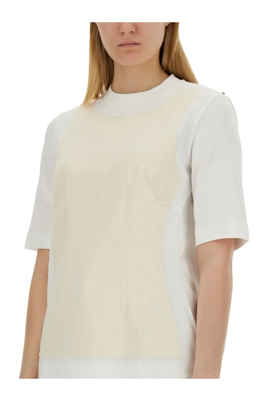 Sportmax women’s howl shirt white minimalist short-sleeved top with high neckline and subtle paneling in cream