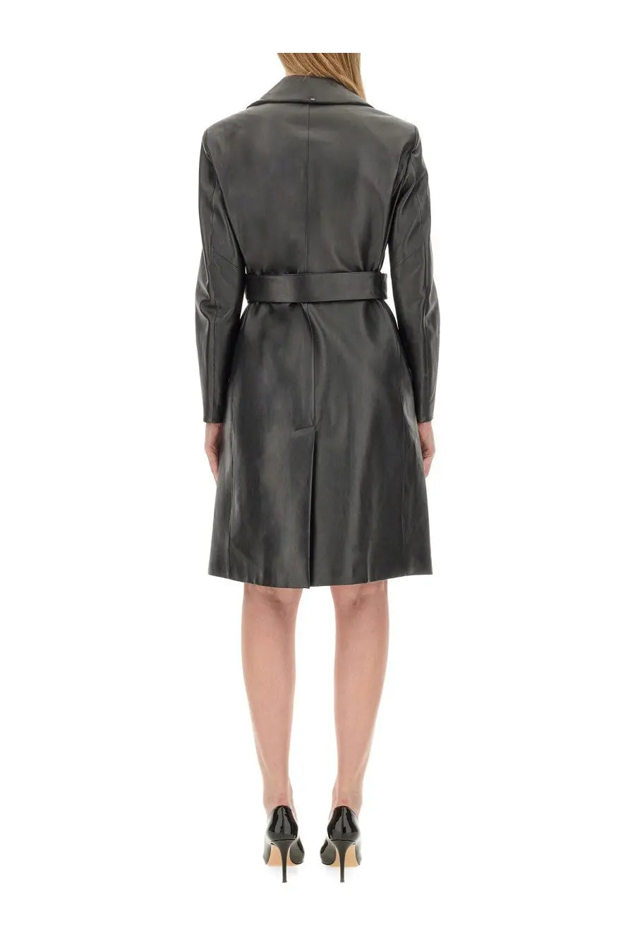 Sportmax women’s black leather trench coat with a belted waist and structured shoulders for a sleek look