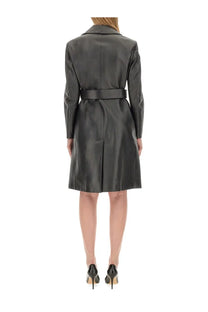 Sportmax women’s black leather trench coat with a belted waist and structured shoulders for a sleek look