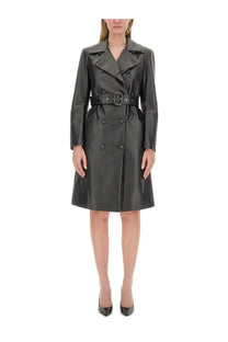 Sportmax women’s black leather trench coat with belted waist and double-breasted front for stylish outerwear