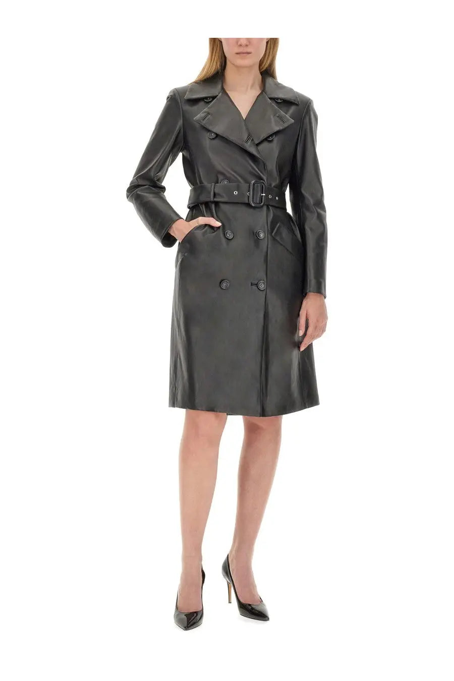 Sportmax women’s black leather trench coat with double-breasted buttons and belted waist for stylish outerwear