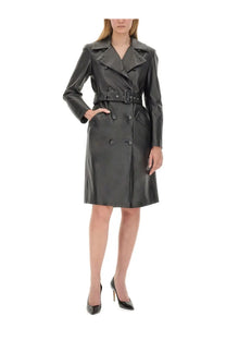 Sportmax women’s black leather trench coat with double-breasted buttons and belted waist for stylish outerwear