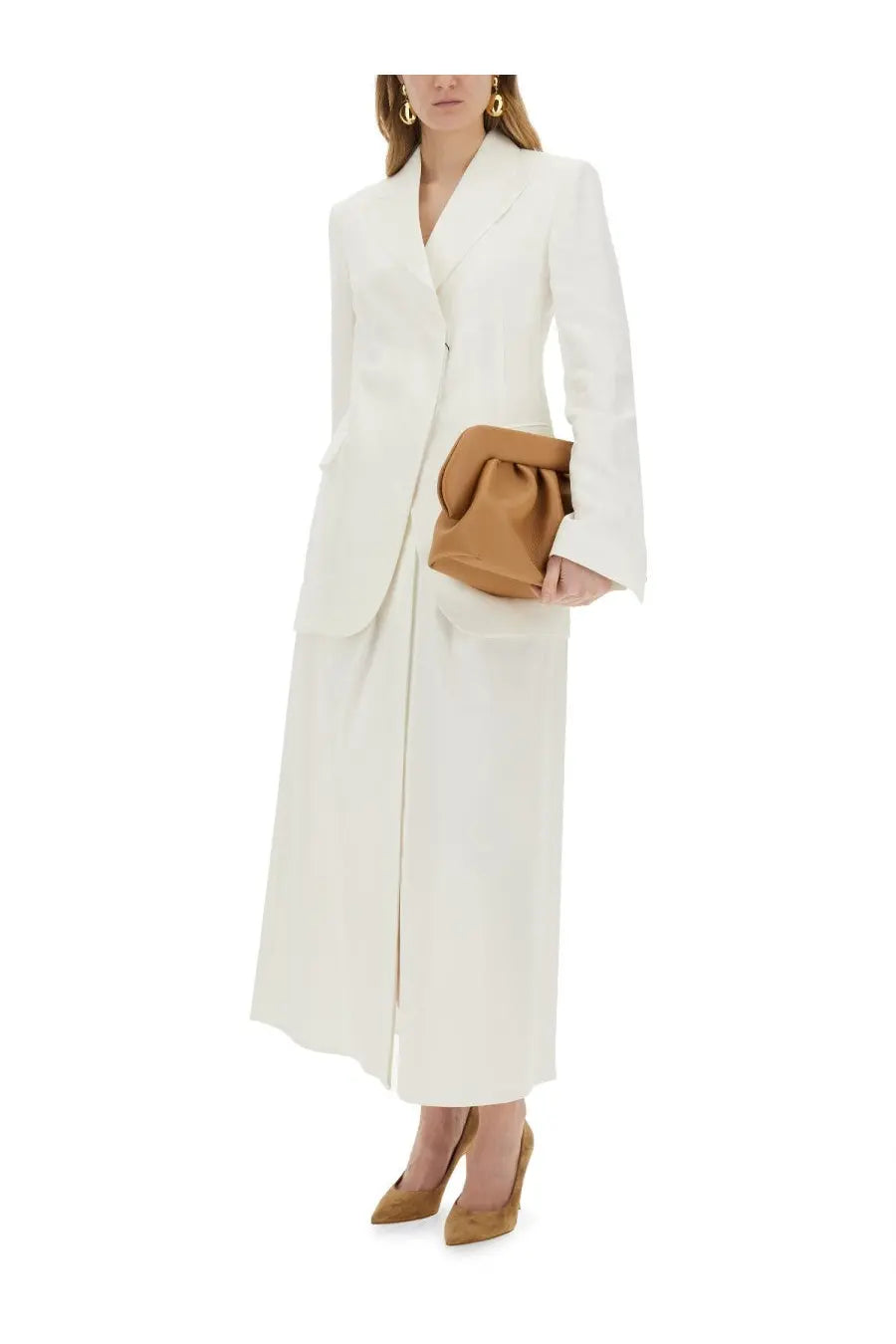 Tan leather clutch with gathered ruched design complementing sportmax women’s jacket cera white style