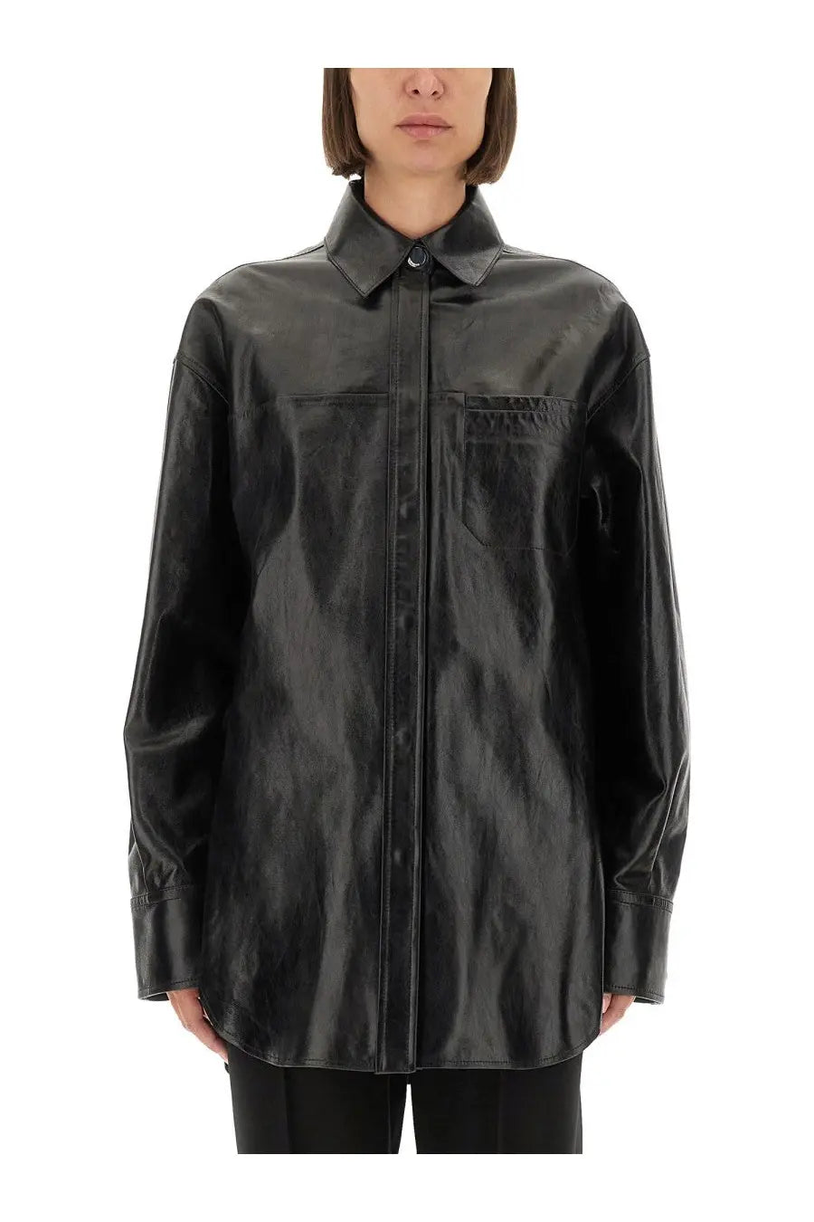 Sportmax women’s black leather borel shirt with classic collar button-up front and two pockets