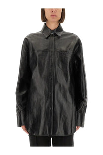 Sportmax women’s black leather borel shirt with classic collar button-up front and two pockets