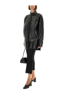 Sportmax women’s black faux leather oversized shirt with classic collar and front zipper closure
