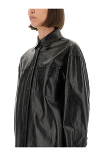 Sportmax women’s black glossy leather shirt with classic collar and front pocket