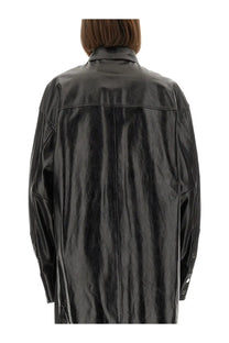 Sportmax women’s black leather borel shirt with oversized fit, glossy faux leather, structured collar, and buttoned cuffs