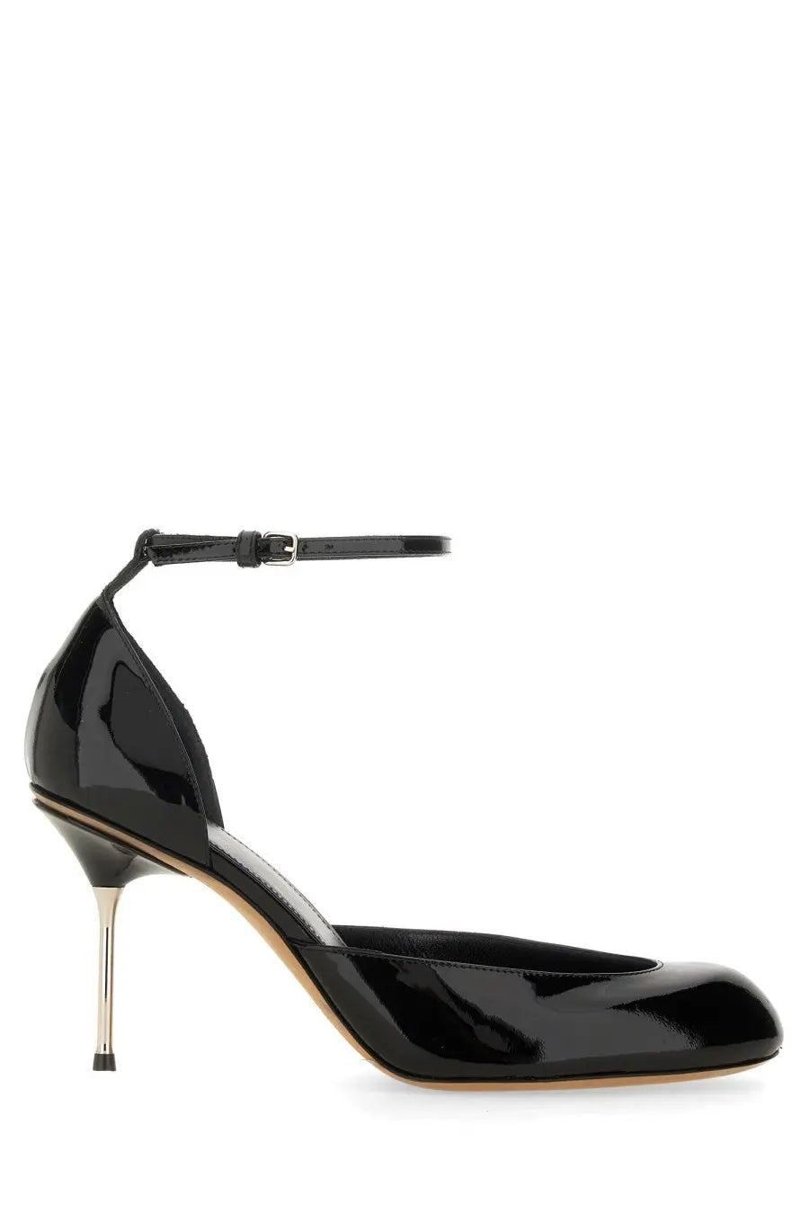 Sportmax women’s mary jane pumps in black patent leather with ankle strap and slender metallic heel