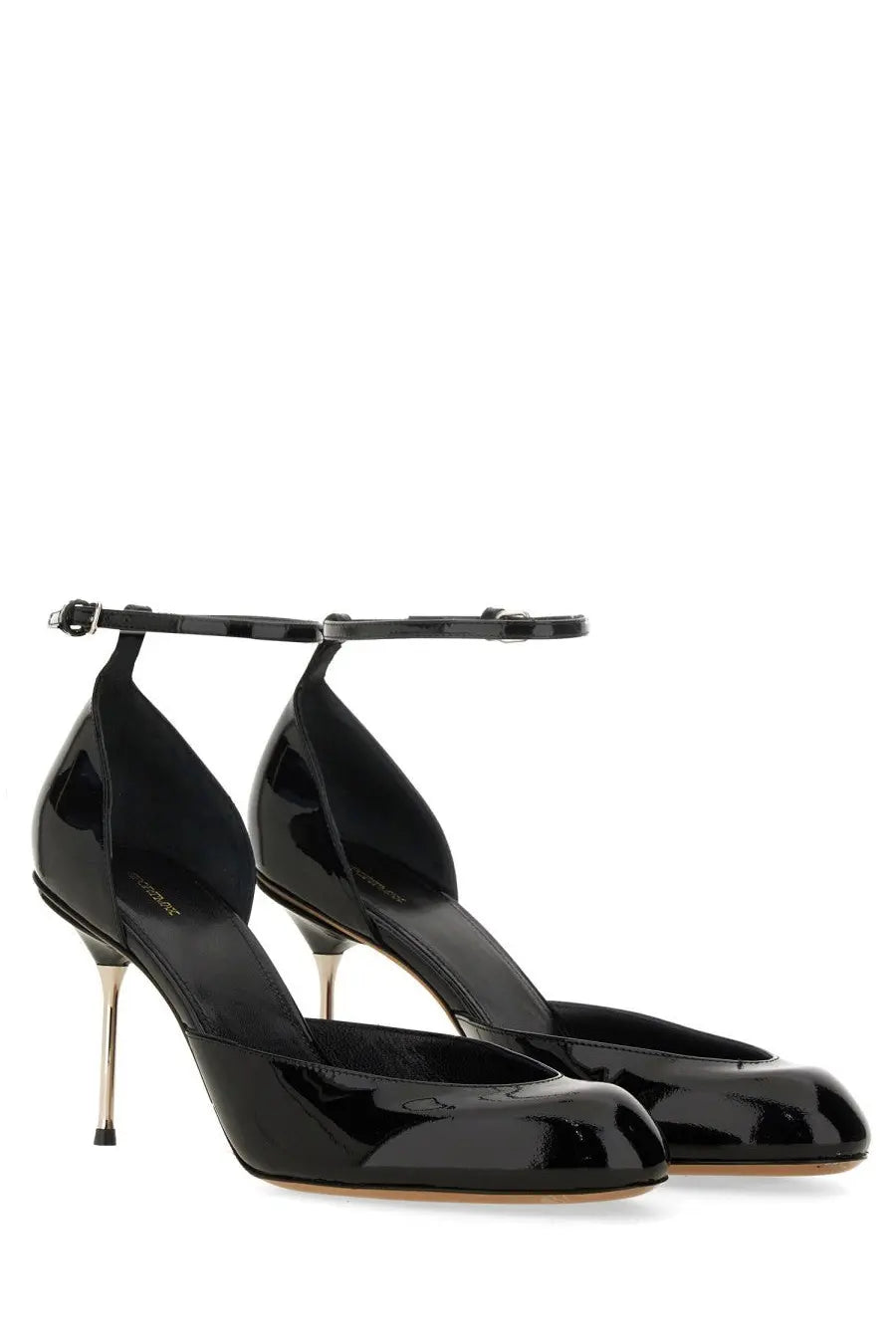 Sportmax women’s mary jane pumps in black patent leather with ankle straps and slender gold-tone stiletto heels