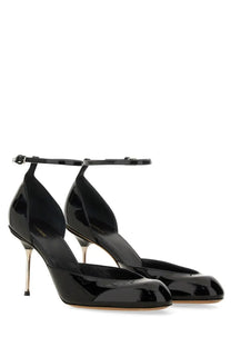 Sportmax women’s mary jane pumps in black patent leather with ankle straps and slender gold-tone stiletto heels
