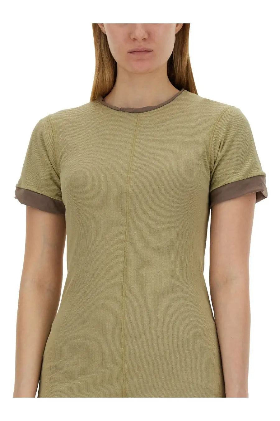 Sportmax women’s memo olive green ribbed knit dress with contrasting brown trim on neckline and sleeve cuffs