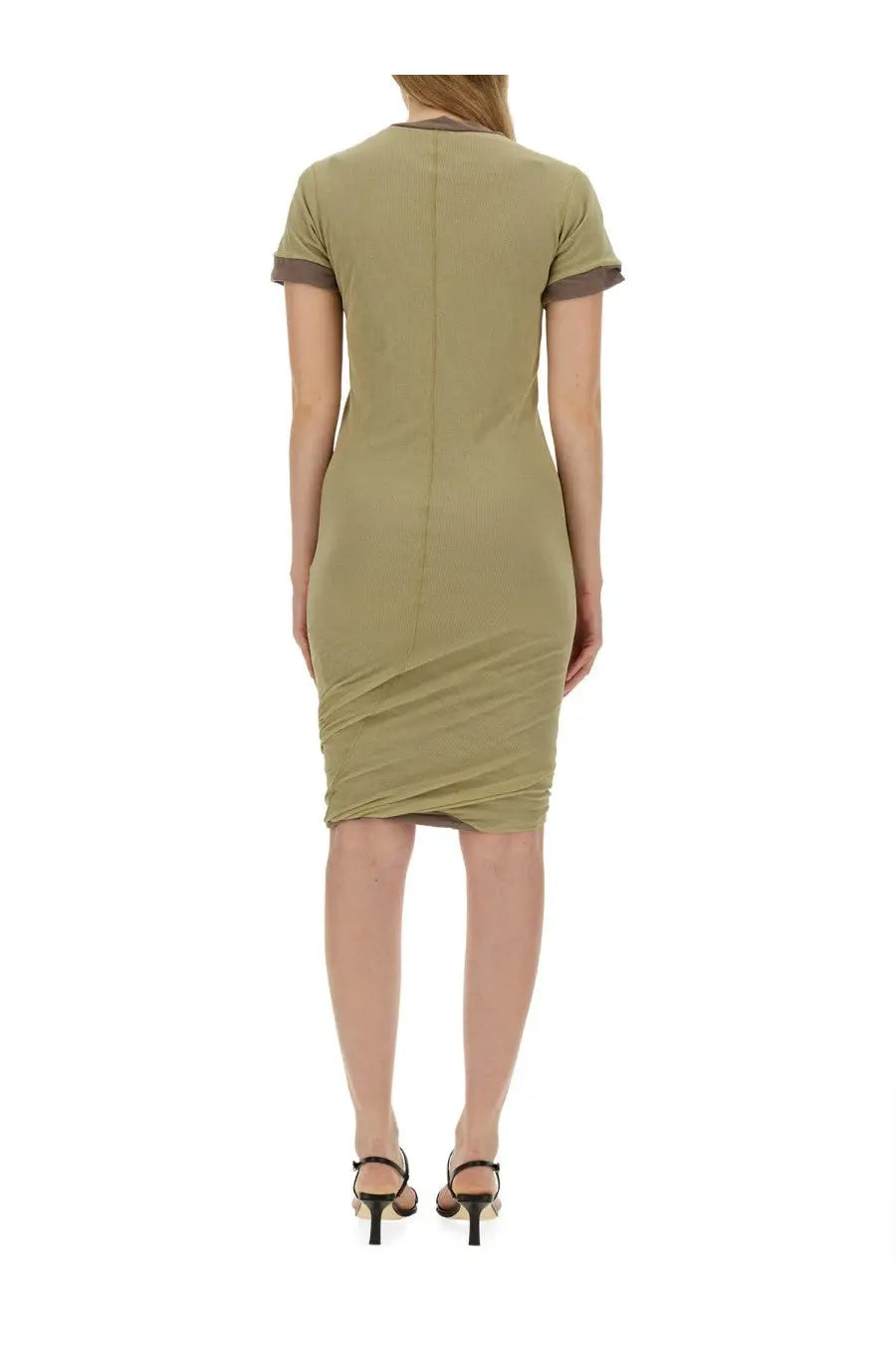 Sportmax women’s memo olive green short-sleeved fitted midi dress with dark gray trim at neckline and sleeves