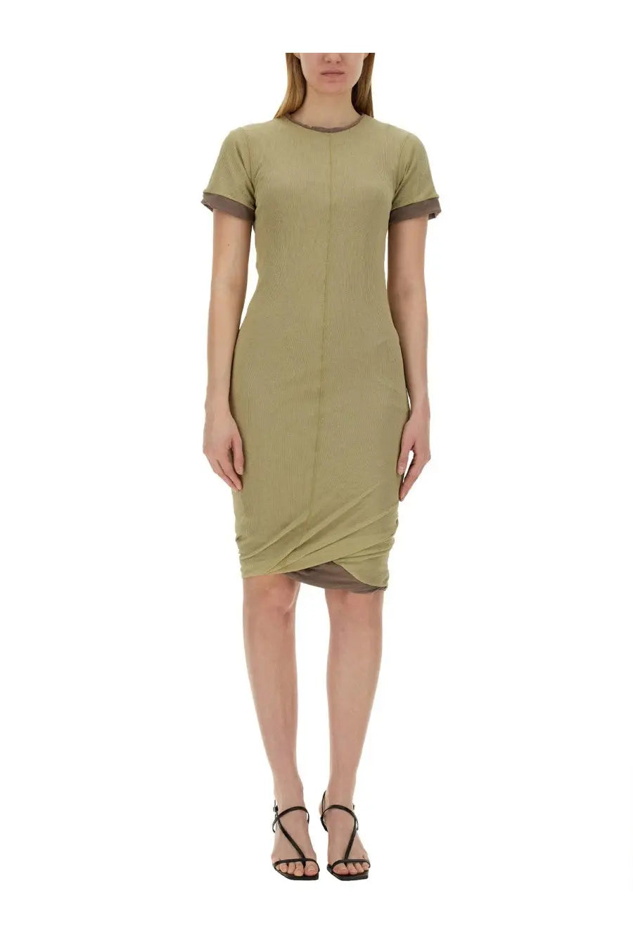 Sportmax women’s memo olive green short-sleeved dress with dark gray trim at neckline and sleeve cuffs multicolor