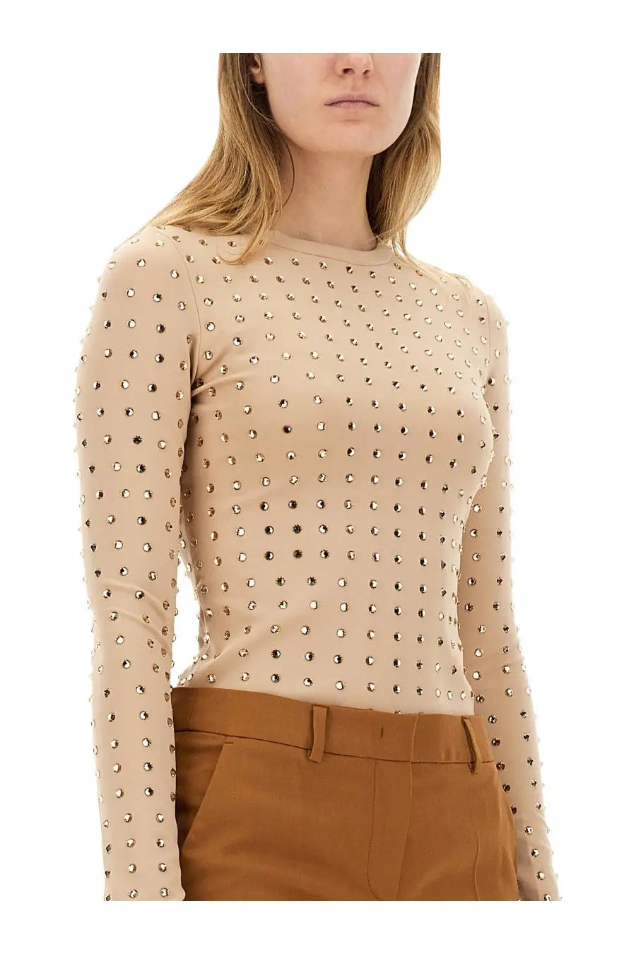 Sportmax women’s negus beige long-sleeved top with dense metallic stud pattern for stylish casual wear
