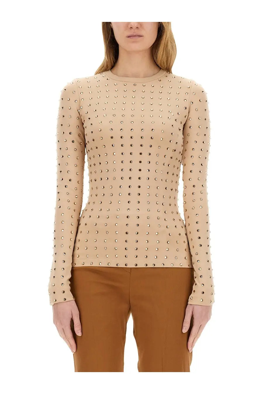 Sportmax women’s negus beige long-sleeved fitted top with metallic studs across the fabric