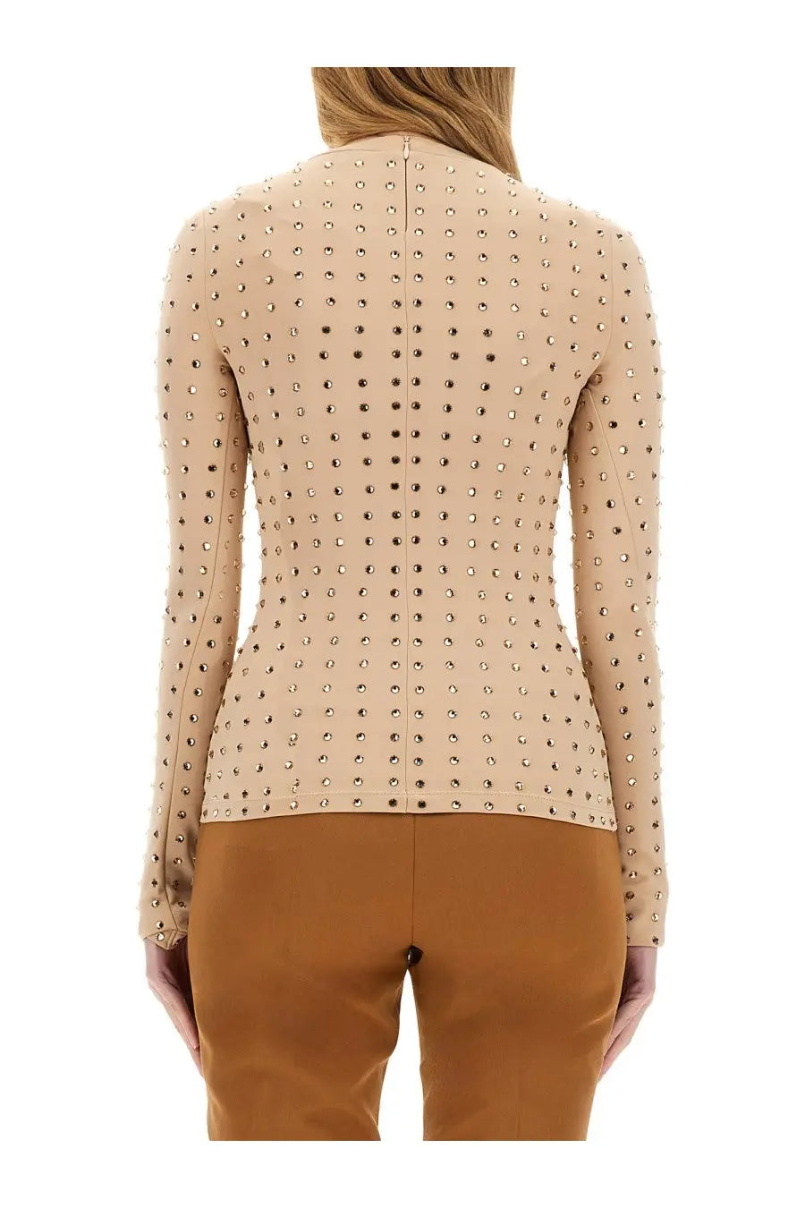 Sportmax womens negus beige long sleeve top with metallic studs arranged in a grid pattern