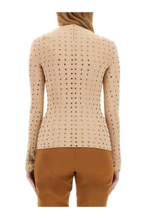 Sportmax womens negus beige long sleeve top with metallic studs arranged in a grid pattern