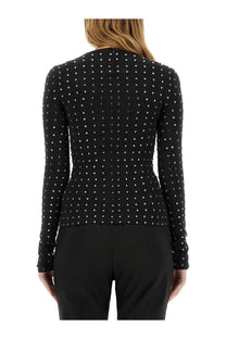Sportmax women’s negus top black long-sleeved adorned with a dense pattern of silver studs on fabric